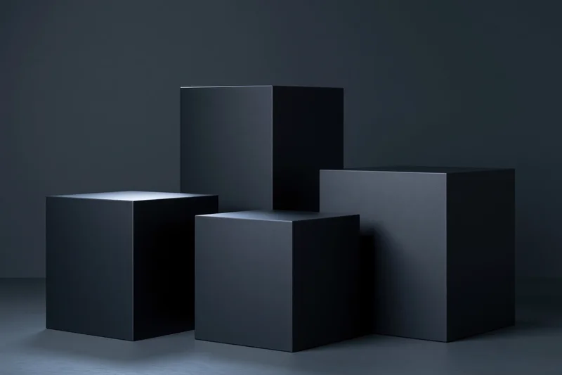 Matte black geometric cubes arranged as pedestals in a studio space
