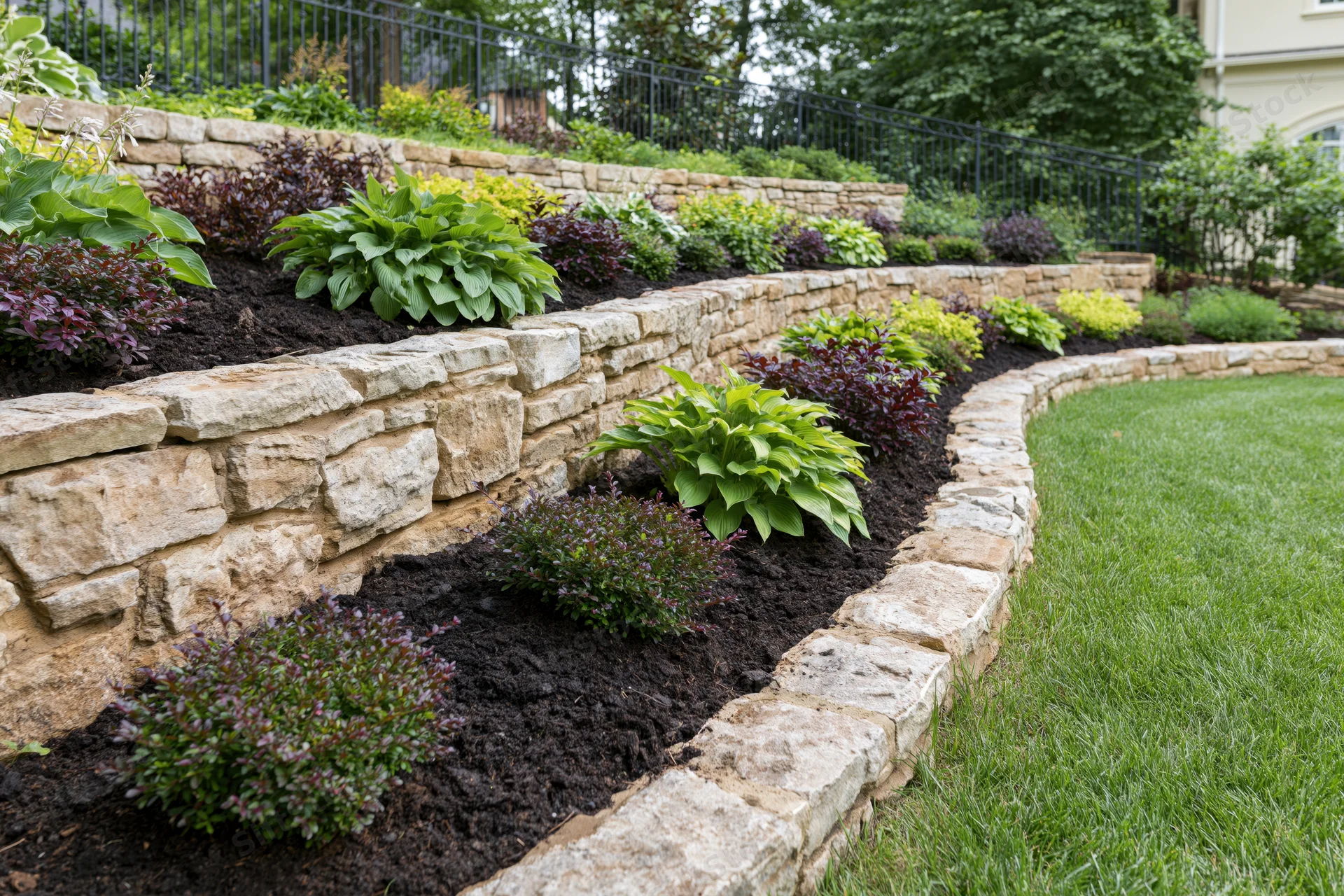 Tiered garden with curved stone retaining walls and planted beds along a lawn edge