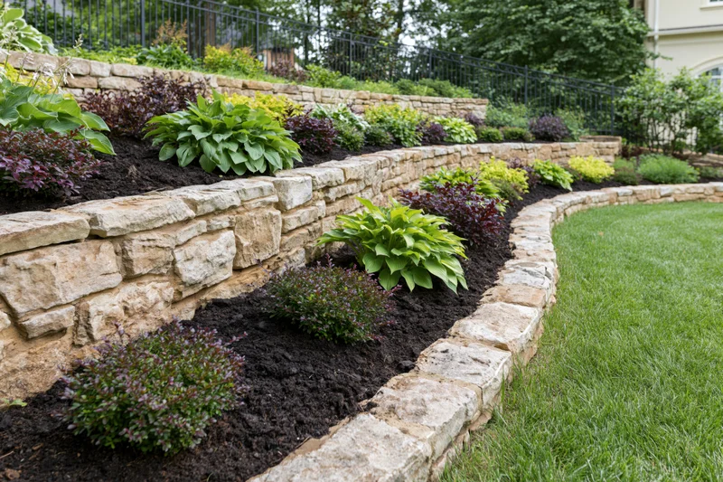Tiered garden with curved stone retaining walls and planted beds along a lawn edge