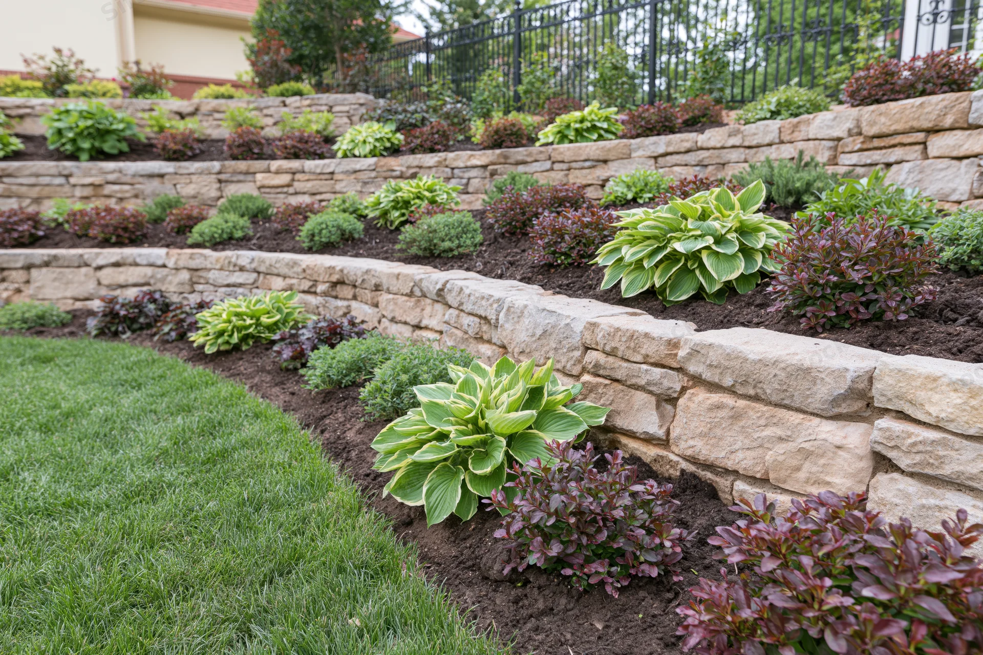 Tiered residential garden with curved stone retaining walls and planted beds along a lawn edge