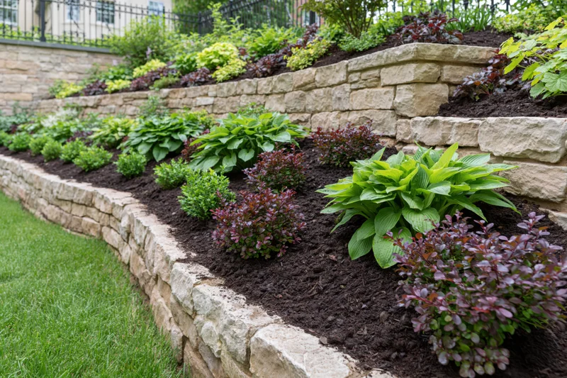 Tiered residential garden with curved stone retaining walls and planted beds along a lawn edge