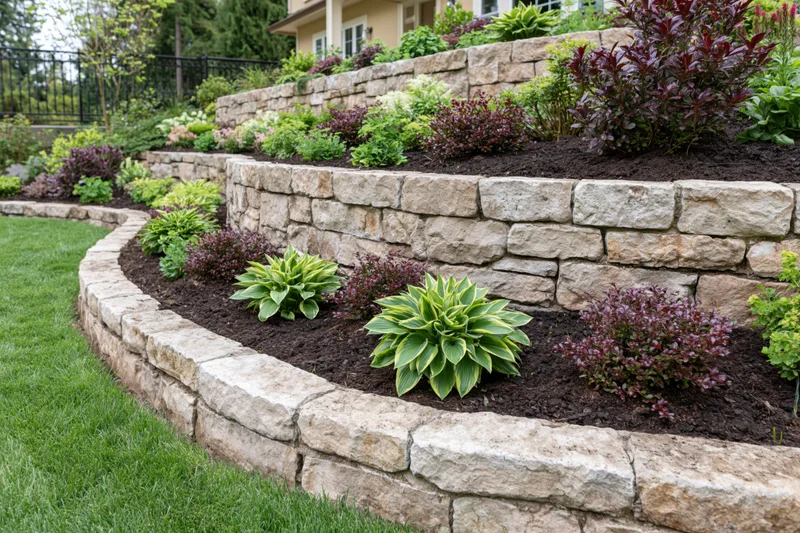 Tiered garden with curved stone retaining walls and planted beds in a residential yard