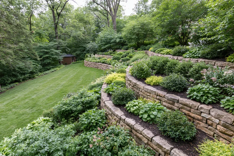 Tiered stone garden beds with mixed ornamental shrubs arranged along a sloped backyard lawn bordered by trees