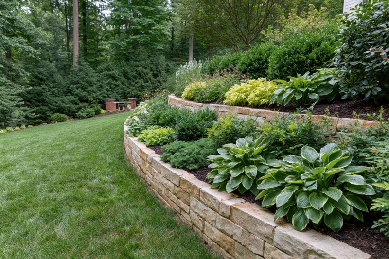 Tiered stone retaining walls with mixed ornamental shrubs and hostas in a backyard garden setting