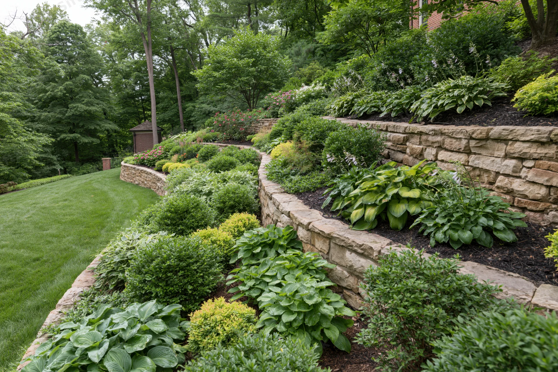 Tiered stone garden beds with ornamental shrubs and hostas arranged on a sloped backyard landscape