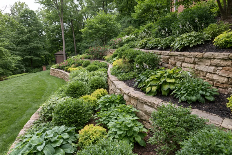 Tiered stone garden beds with ornamental shrubs and hostas arranged on a sloped backyard landscape