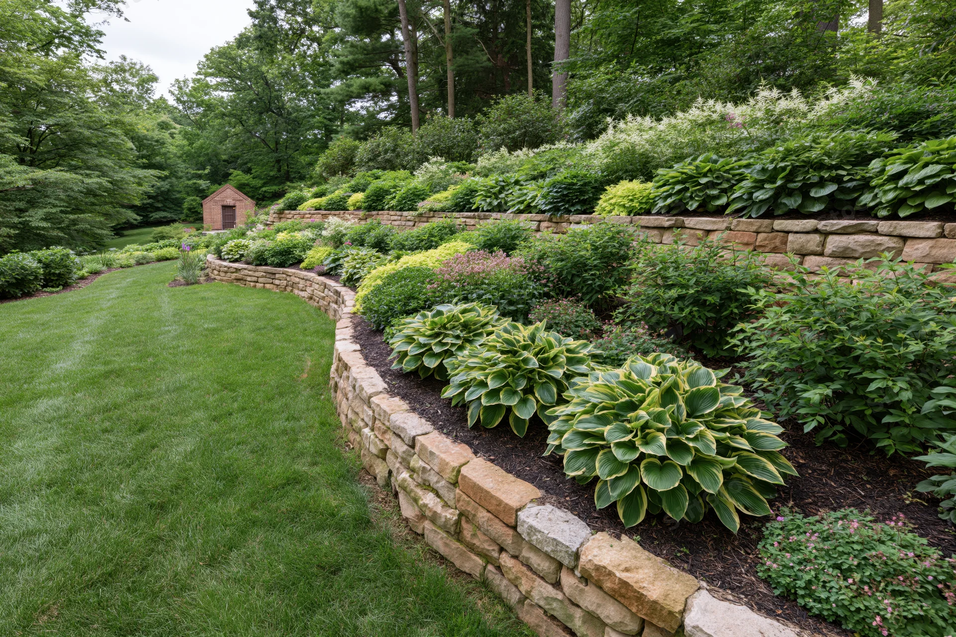 Tiered stone garden beds with mixed ornamental shrubs and hostas along a curved lawn edge