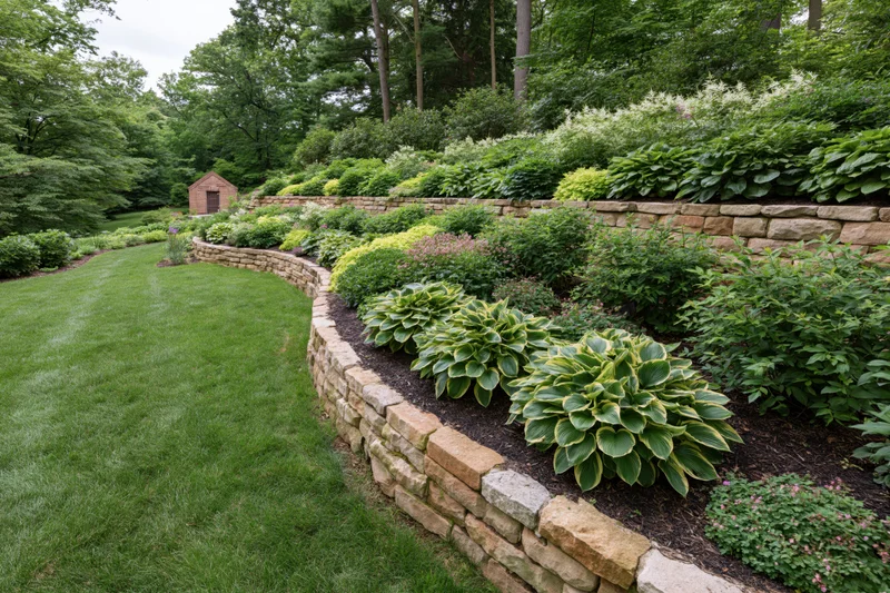 Tiered stone garden beds with mixed ornamental shrubs and hostas along a curved lawn edge