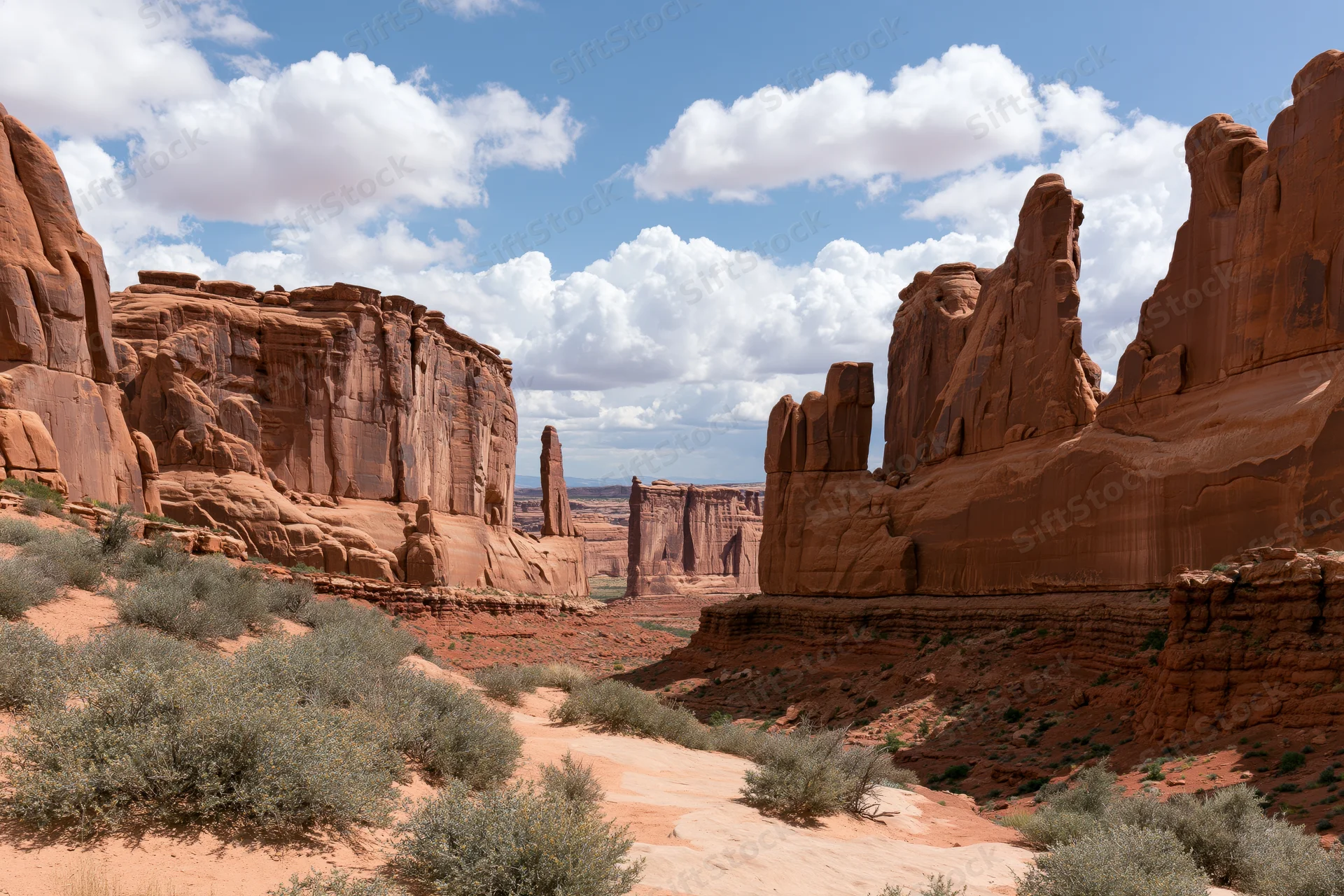 Towering sandstone fins and monoliths rising from a red desert canyon under a partly cloudy sky