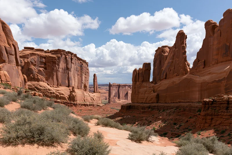 Towering sandstone fins and monoliths rising from a red desert canyon under a partly cloudy sky