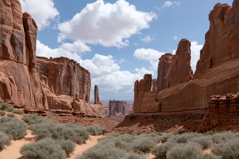 Towering sandstone fins and monoliths rising from a red desert landscape under a partly cloudy sky