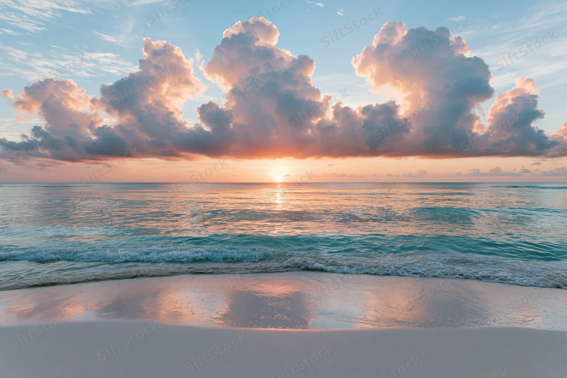 Tropical beach at sunset viewed from wet sand with waves rolling in and clouds above the horizon