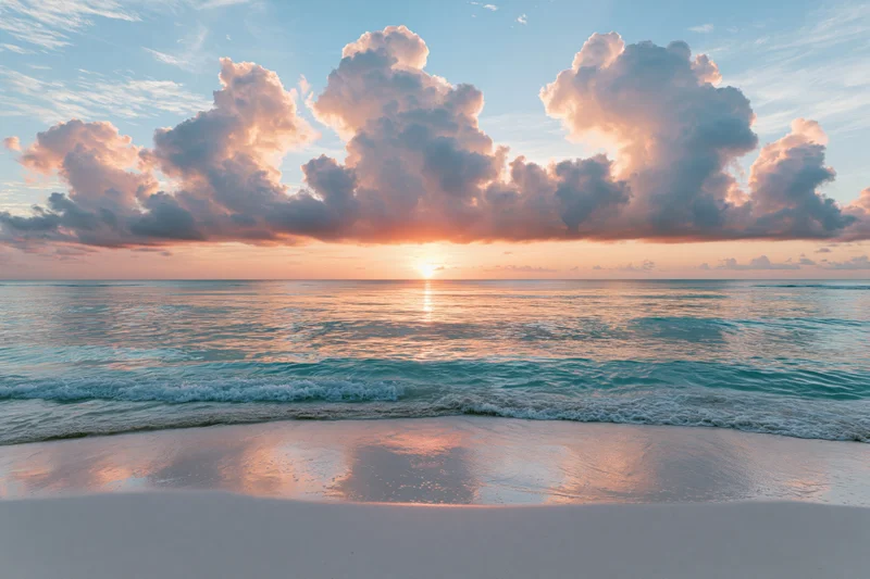 Tropical beach at sunset viewed from wet sand with waves rolling in and clouds above the horizon