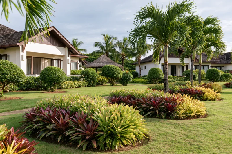 Tropical resort villa exterior with manicured garden and palm trees on a grassy lawn