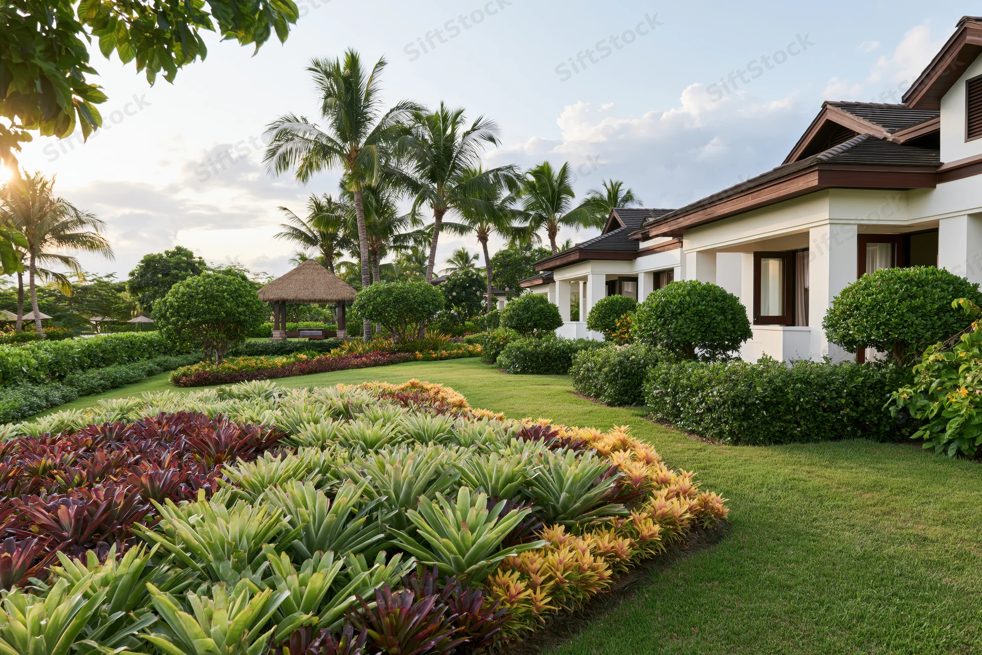 Tropical resort villa exterior with manicured garden and palm trees