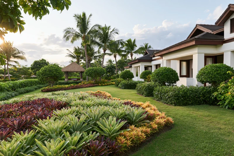 Tropical resort villa exterior with manicured garden and palm trees