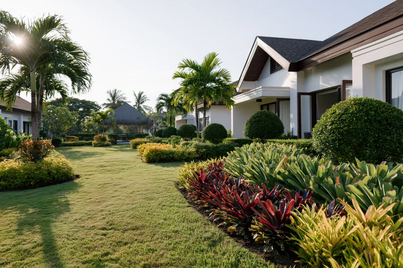 Tropical resort villa exterior with garden in the foreground