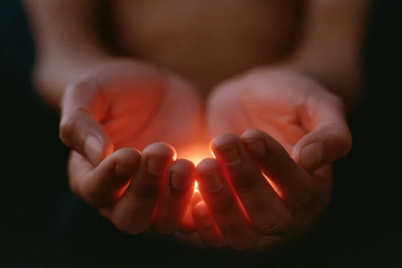 Cupped hands holding a small glowing light source in darkness