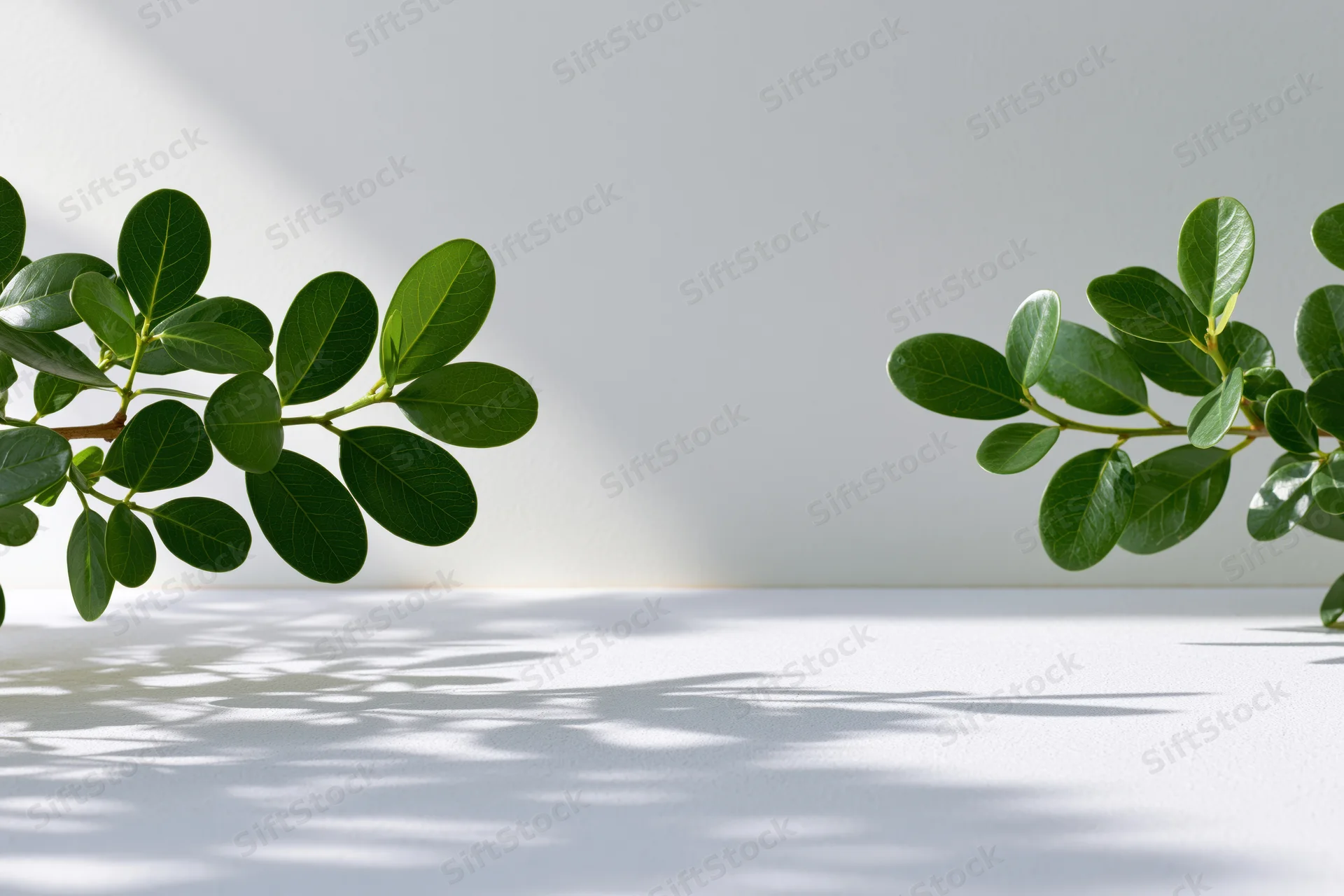 Two green plant branches with glossy oval leaves framing a white surface with shadows from sunlight
