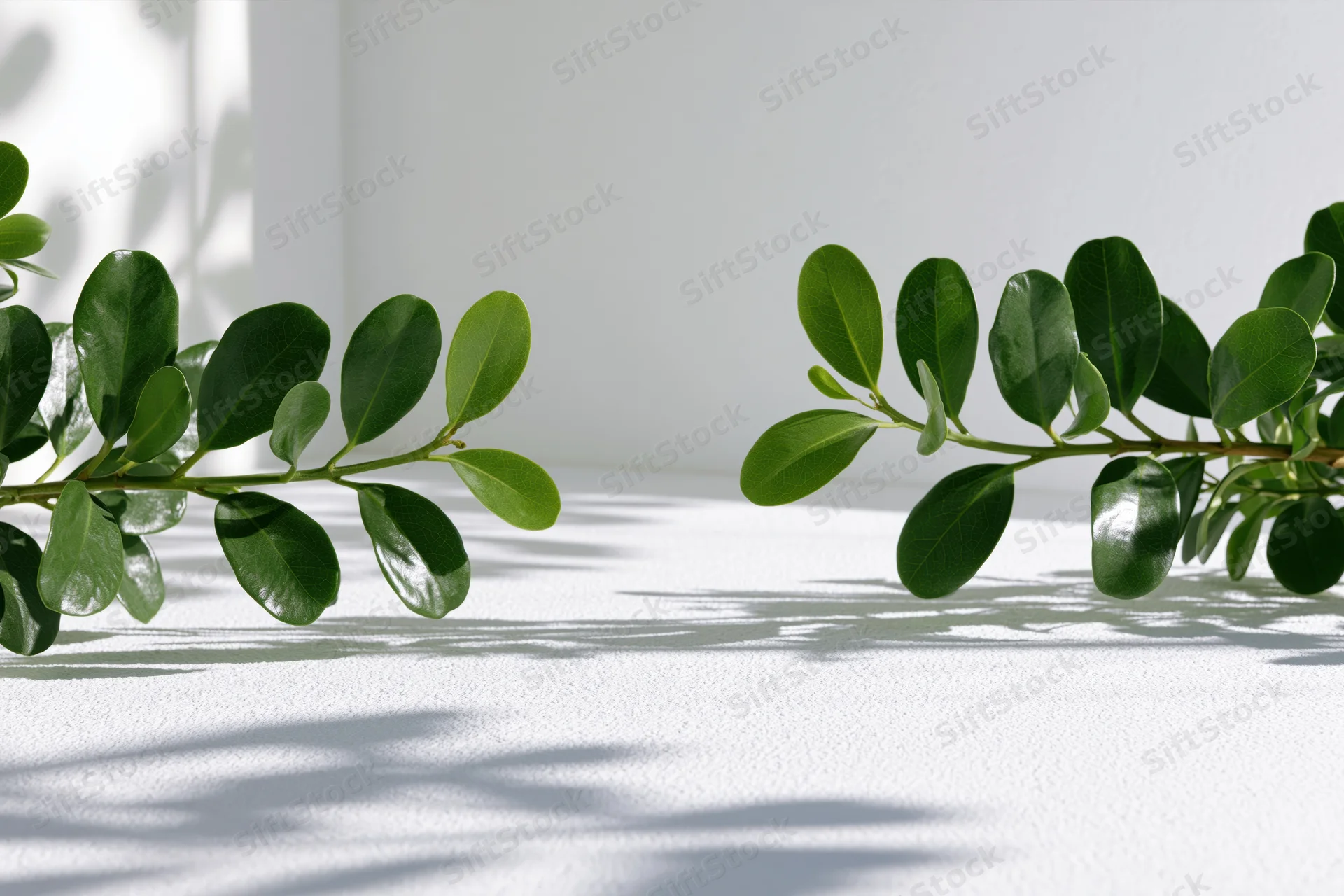 Two green plant branches with glossy oval leaves framing a white surface with shadows from sunlight