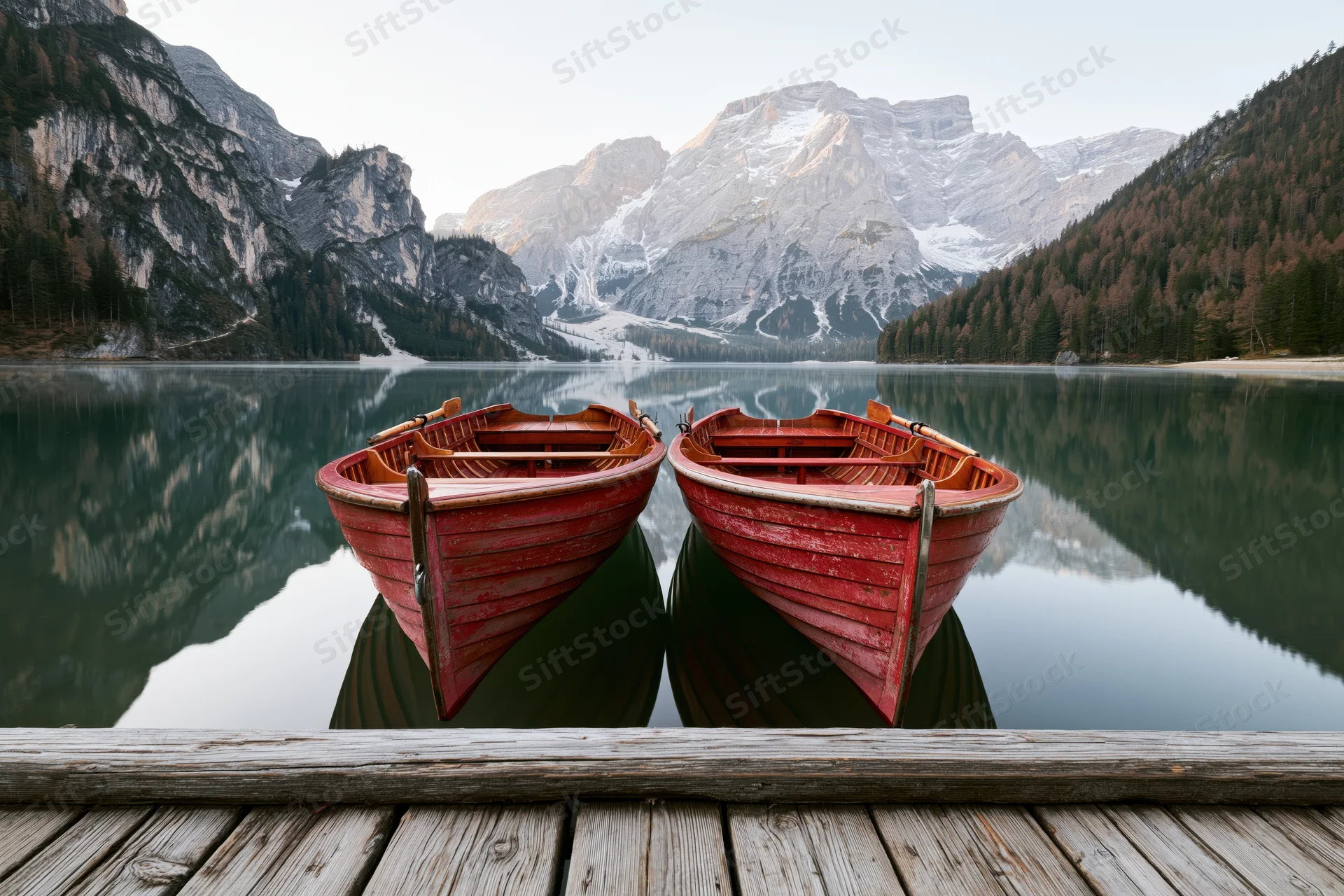 Two red wooden rowing boats moored side by side at a weathered dock on a calm alpine lake with snow-capped mountains reflected in the water