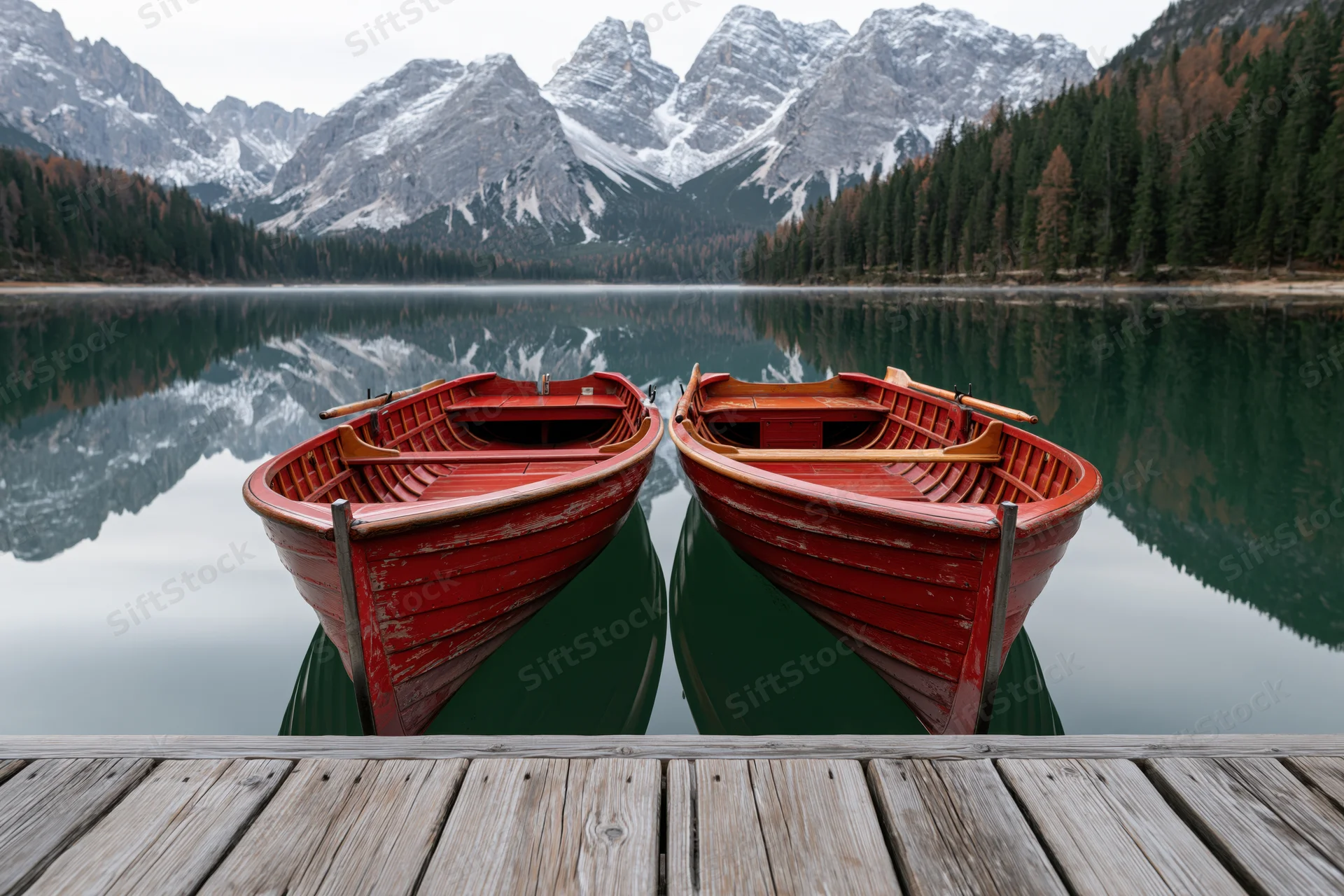 Two red wooden rowing boats moored side by side at a wooden dock on a calm lake with snow-capped mountains and forested shores reflected in the water