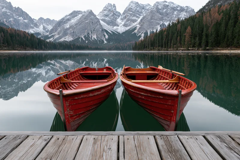 Two red wooden rowing boats moored side by side at a wooden dock on a calm lake with snow-capped mountains and forested shores reflected in the water