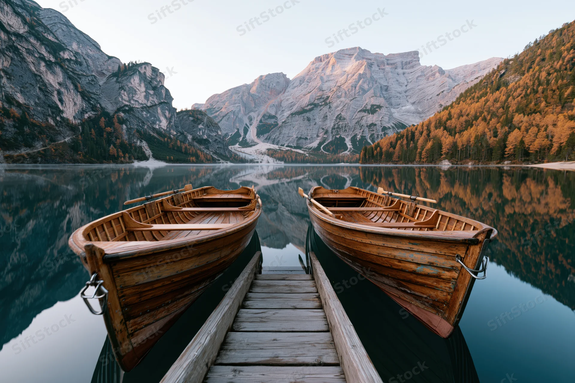 Two wooden rowboats moored beside a timber dock on a calm alpine lake surrounded by mountains and autumn forest