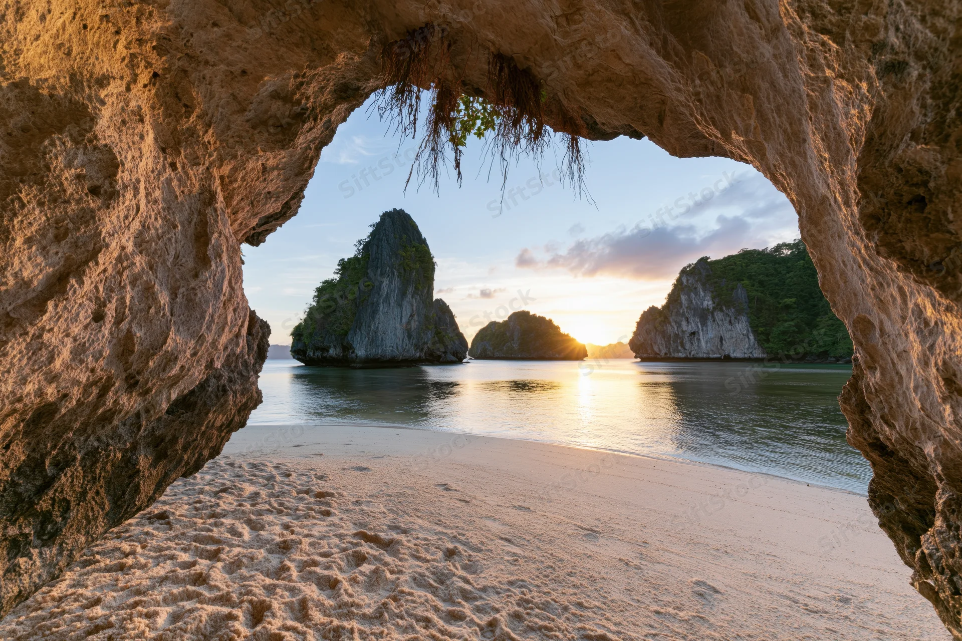 View from inside a shallow sea cave looking out over calm water toward tropical islands at sunset