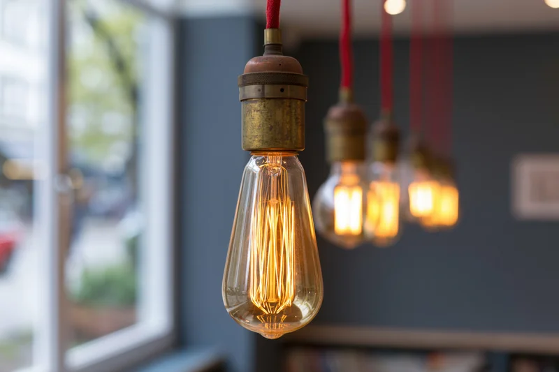 Vintage edison filament bulbs hanging from red cloth cables in an interior space