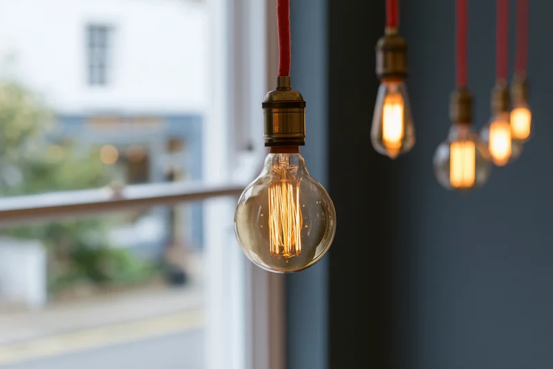 Vintage edison filament bulbs hanging from red cloth cables in interior space