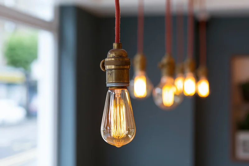 Vintage edison filament bulbs hanging from red cloth cables in interior space with soft focus background