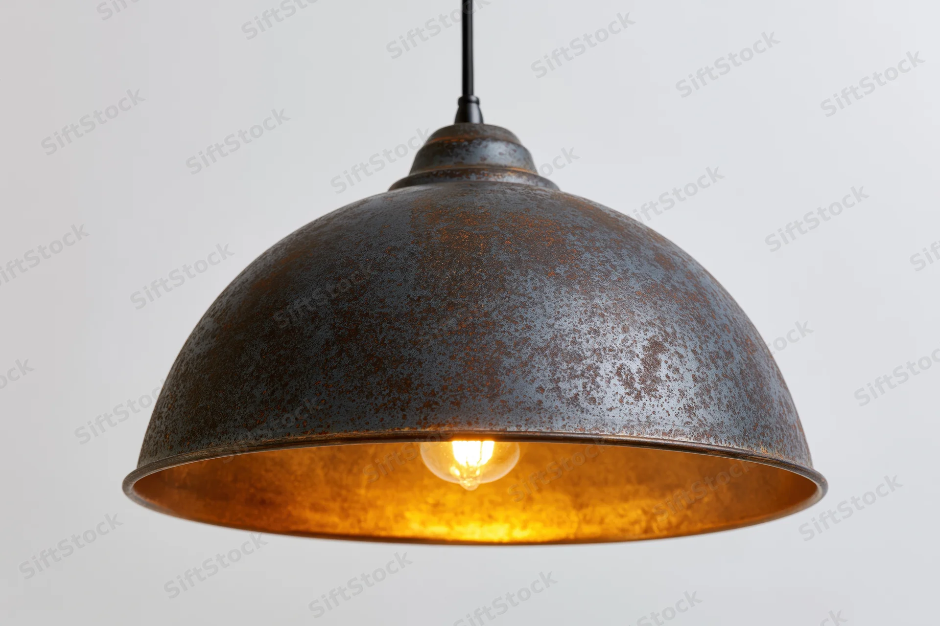 Vintage industrial dome pendant lamp hanging from ceiling with warm glowing bulb inside rusted metal shade