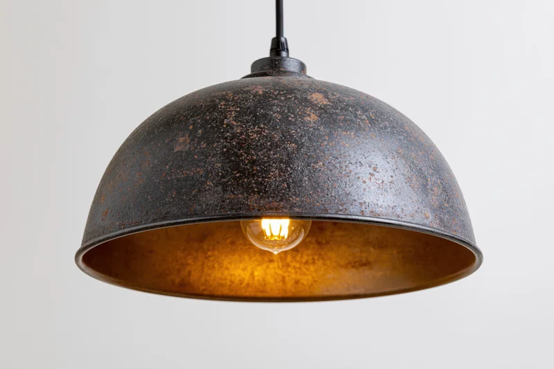 Vintage industrial dome pendant lamp hanging from ceiling with exposed edison bulb and rusted metal shade