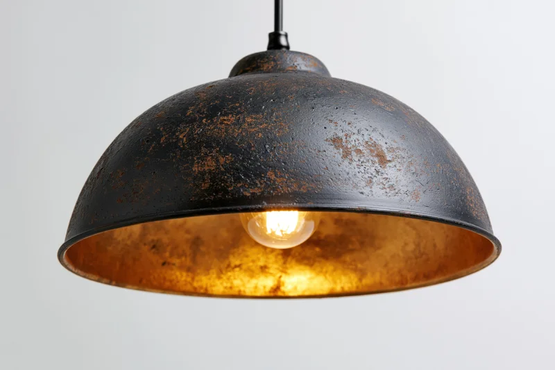 Vintage industrial dome pendant lamp hanging from ceiling with rusted black exterior and gold interior, illuminated by edison bulb