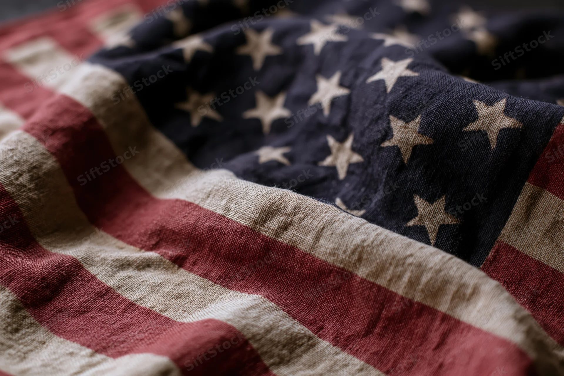 Weathered american flag with visible fabric texture filling the frame