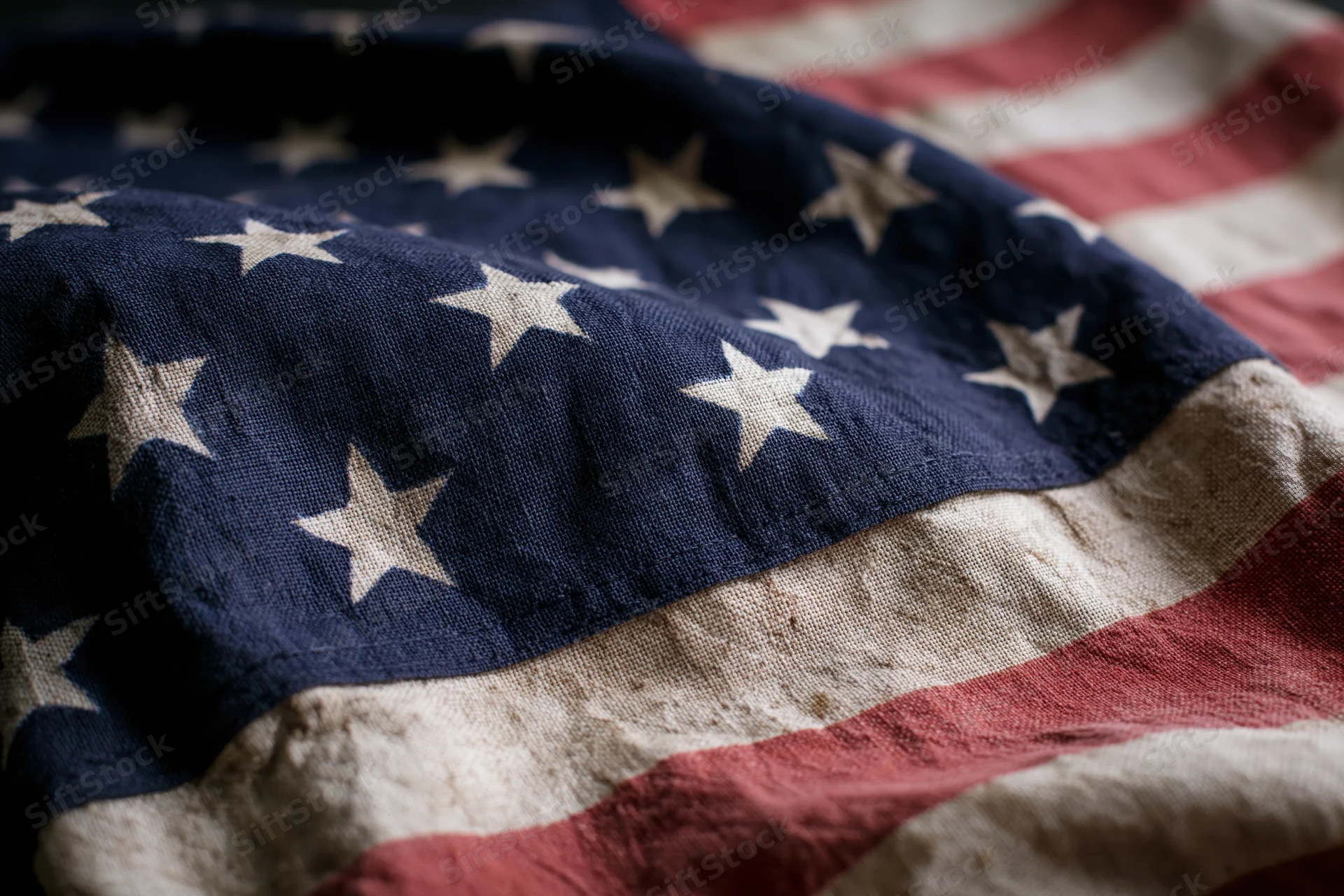 Weathered american flag filling frame with visible stars and stripes on textured fabric