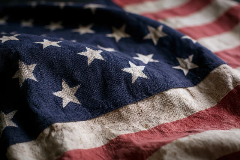 Weathered american flag filling frame with visible stars and stripes on textured fabric