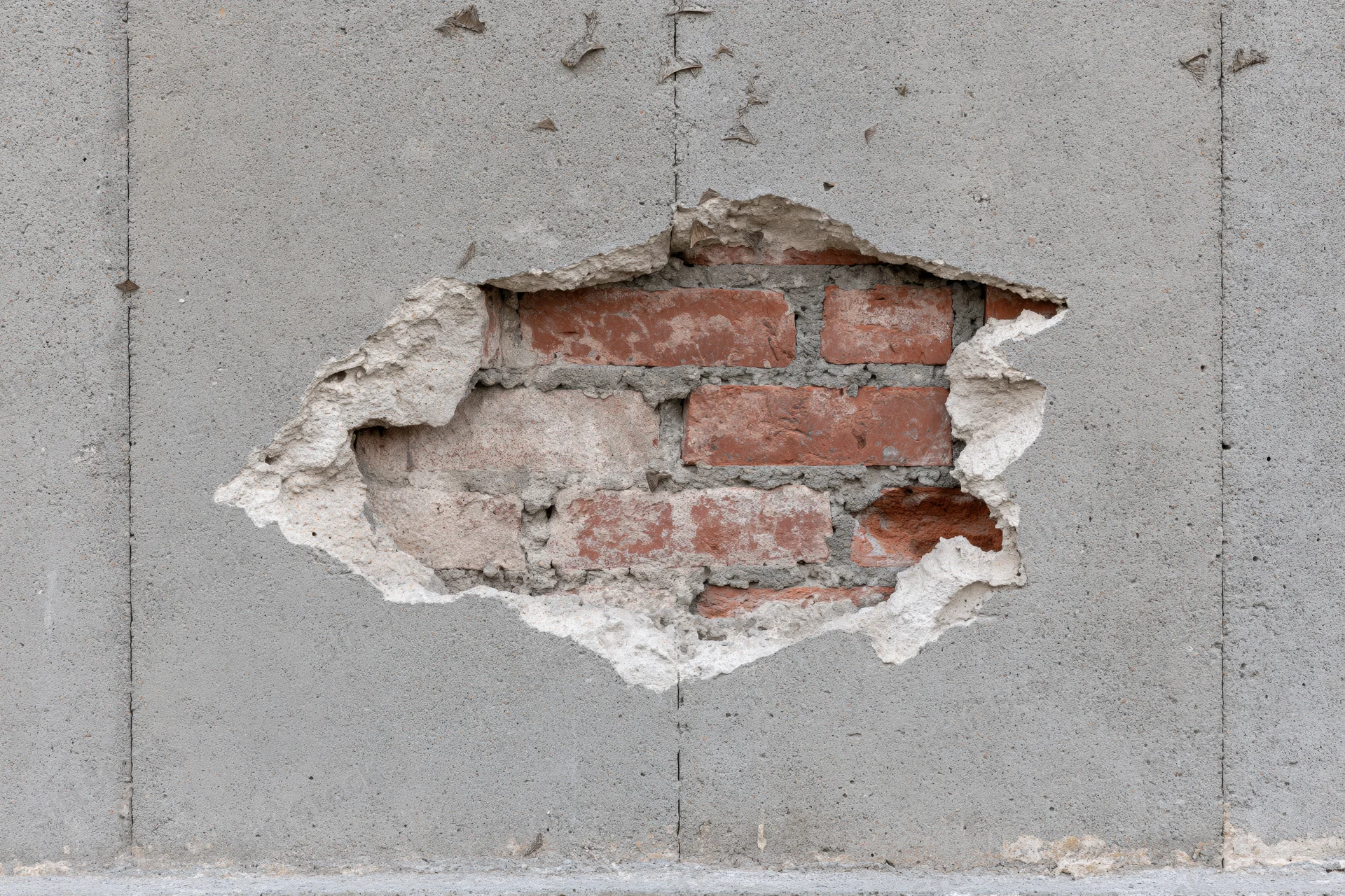 Damaged concrete wall with exposed brick and mortar in urban setting