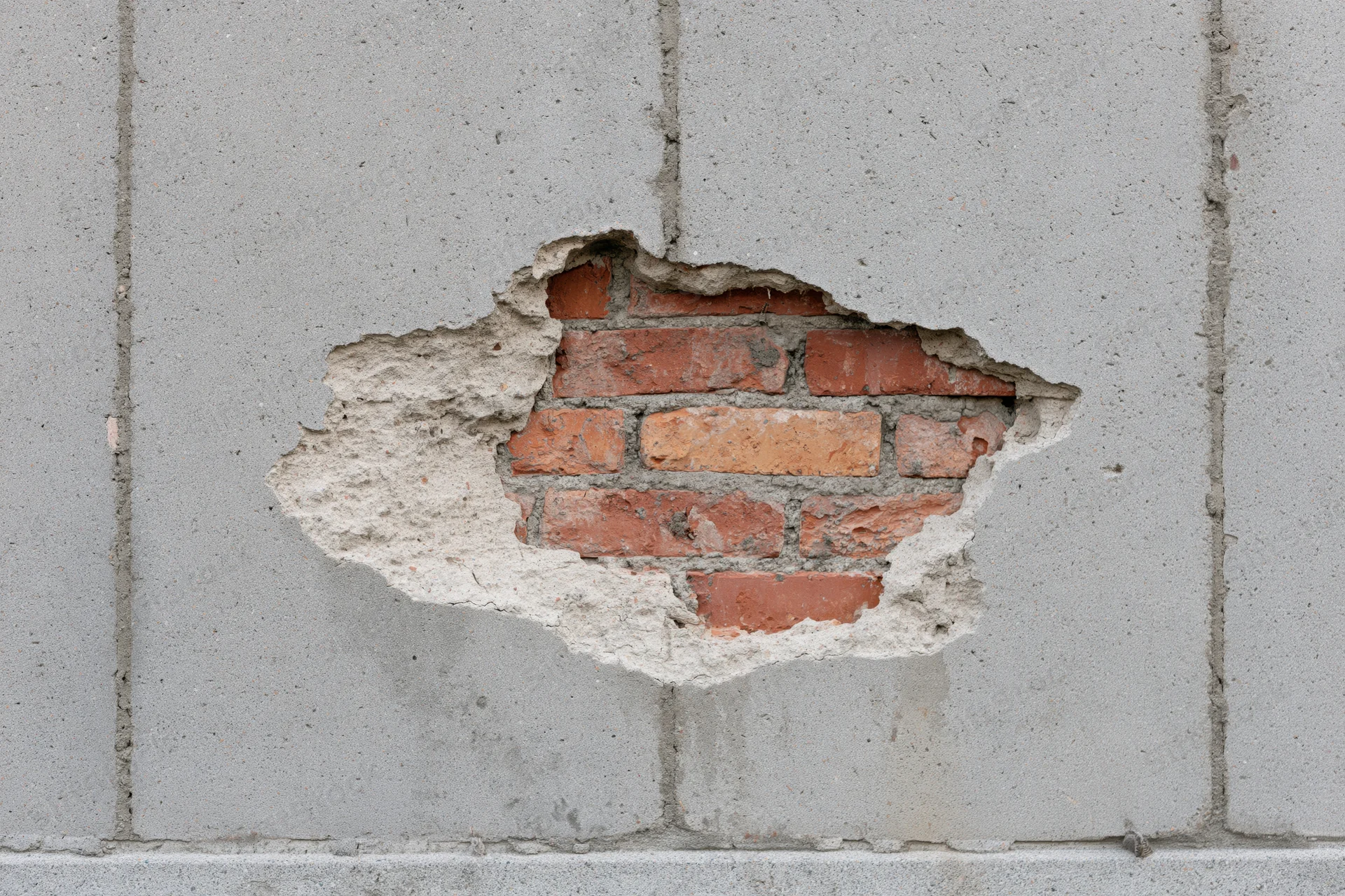 Damaged concrete wall with exposed brick and mortar underneath