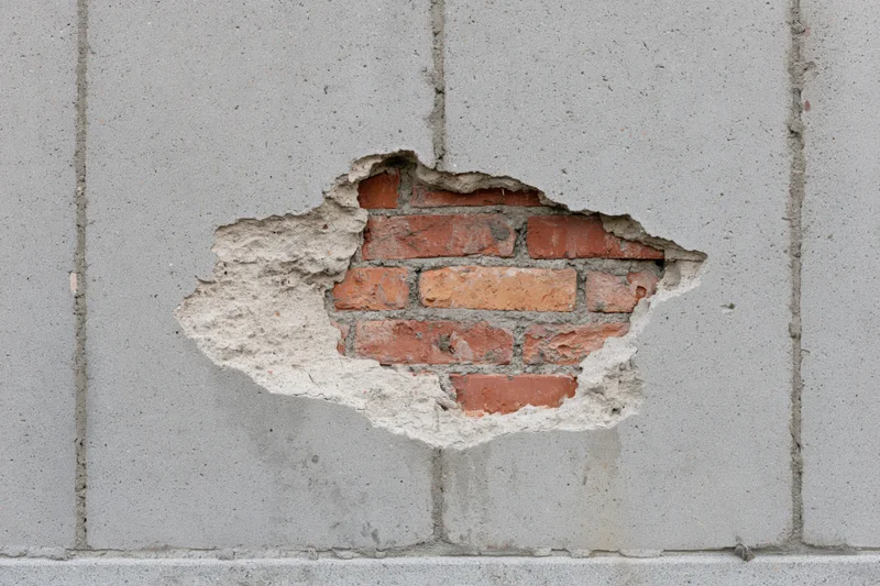 Damaged concrete wall with exposed brick and mortar underneath