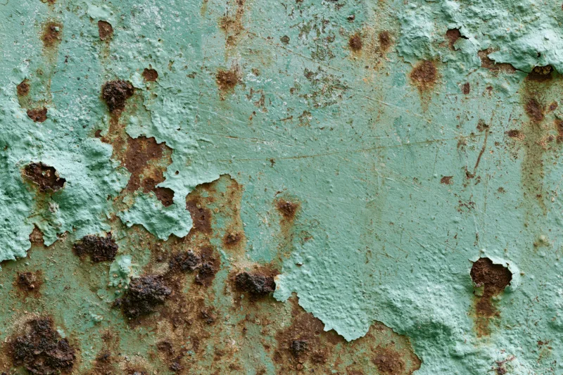 Weathered painted metal surface with peeling green paint and rust stains