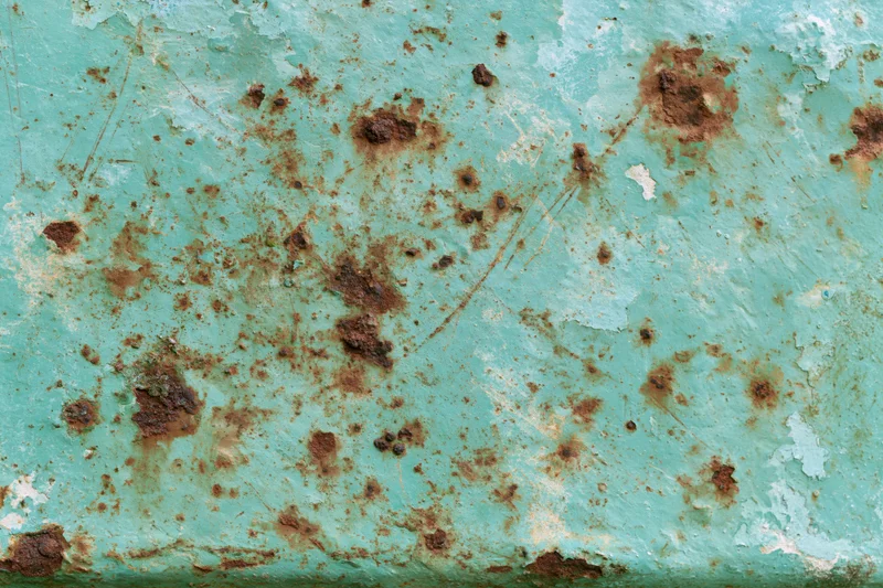 Weathered painted metal surface with rust stains and peeling turquoise paint