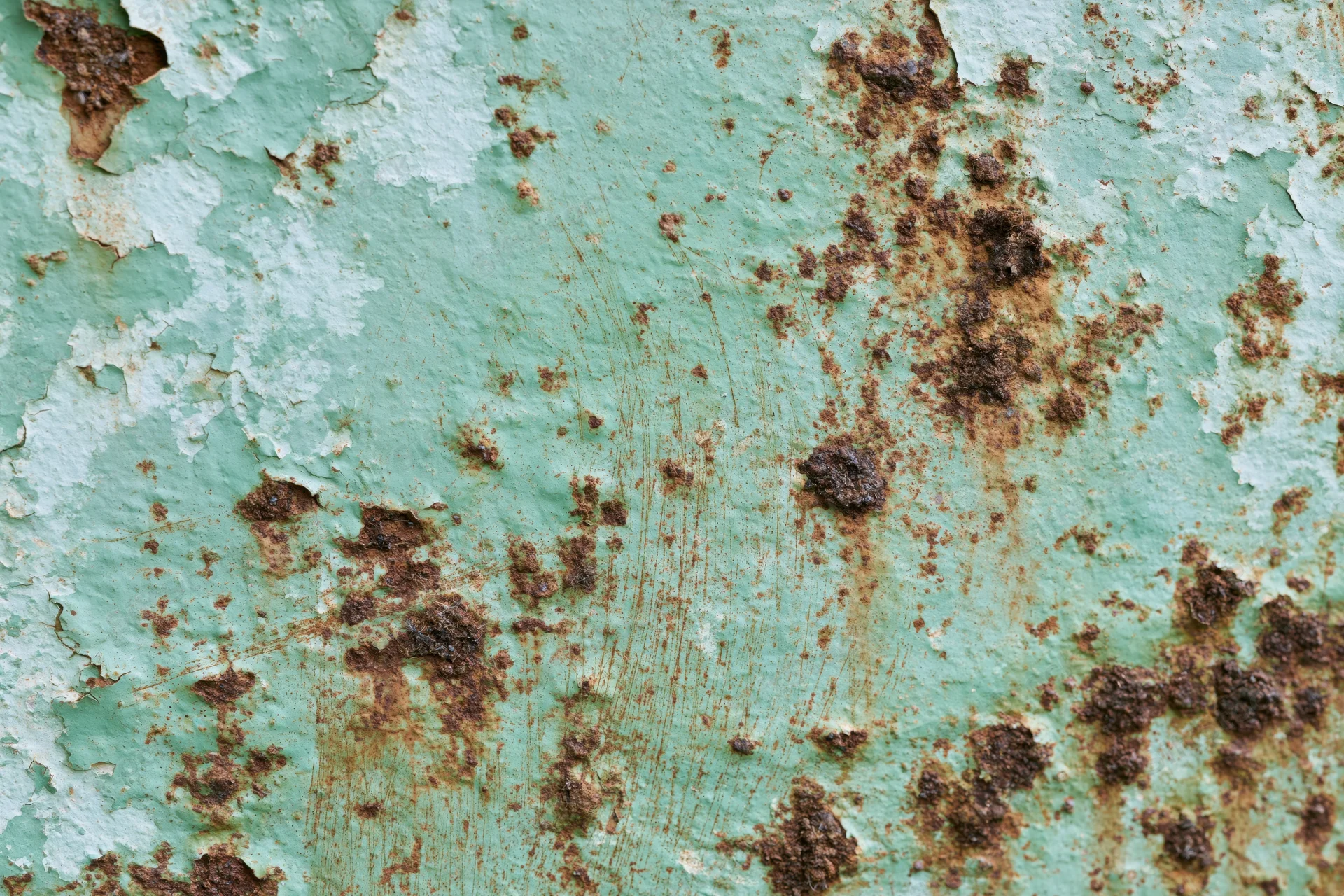 Weathered painted metal surface with peeling green paint and rust stains