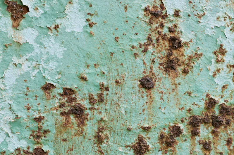 Weathered painted metal surface with peeling green paint and rust stains