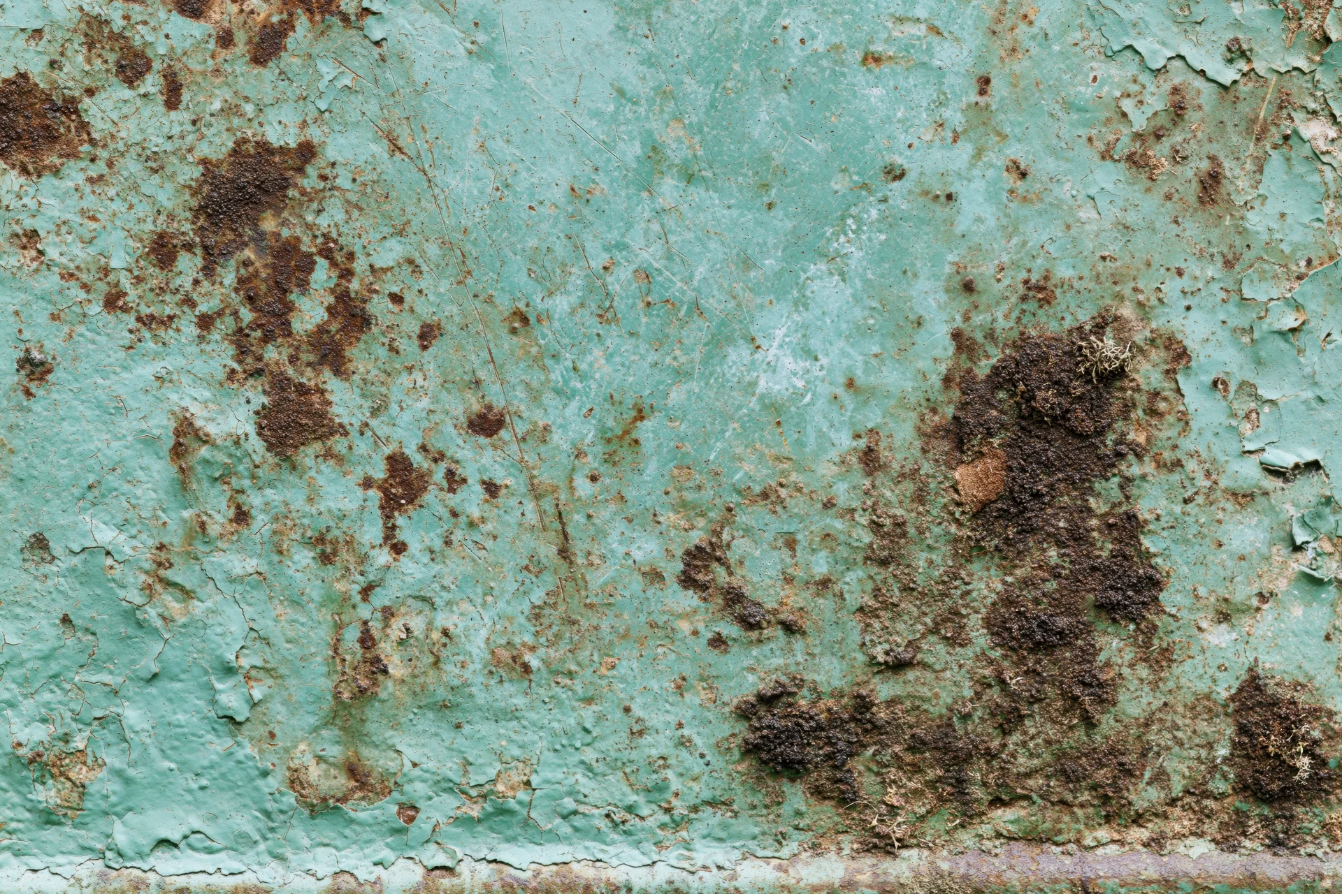 Weathered painted metal surface with peeling teal paint and rust stains