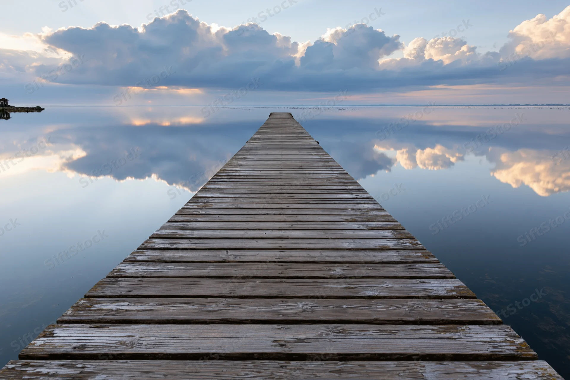 Weathered wooden dock extending into calm bay with cloud reflections at dusk