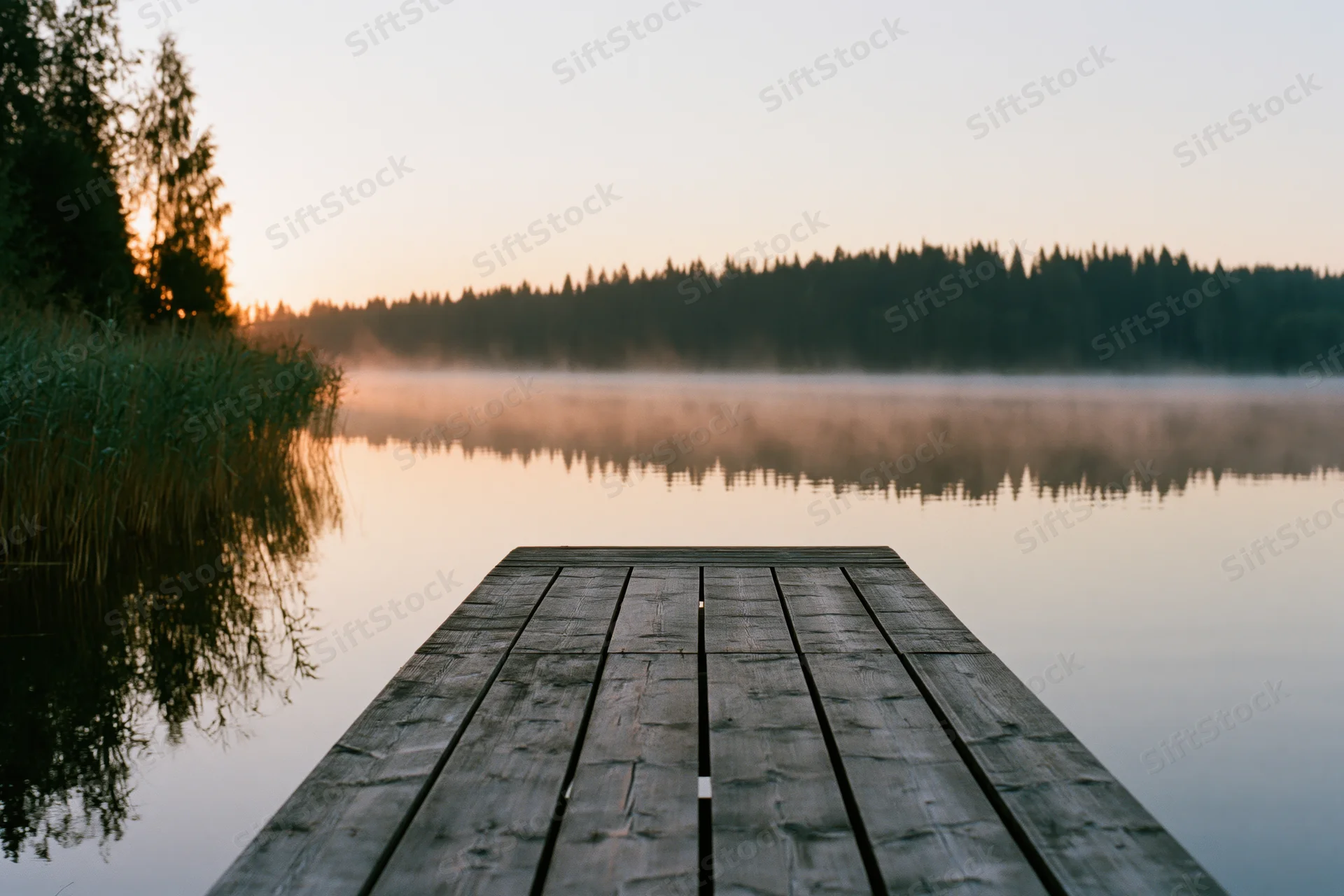 Weathered wooden dock extending over calm misty lake at sunrise with forested shoreline in background