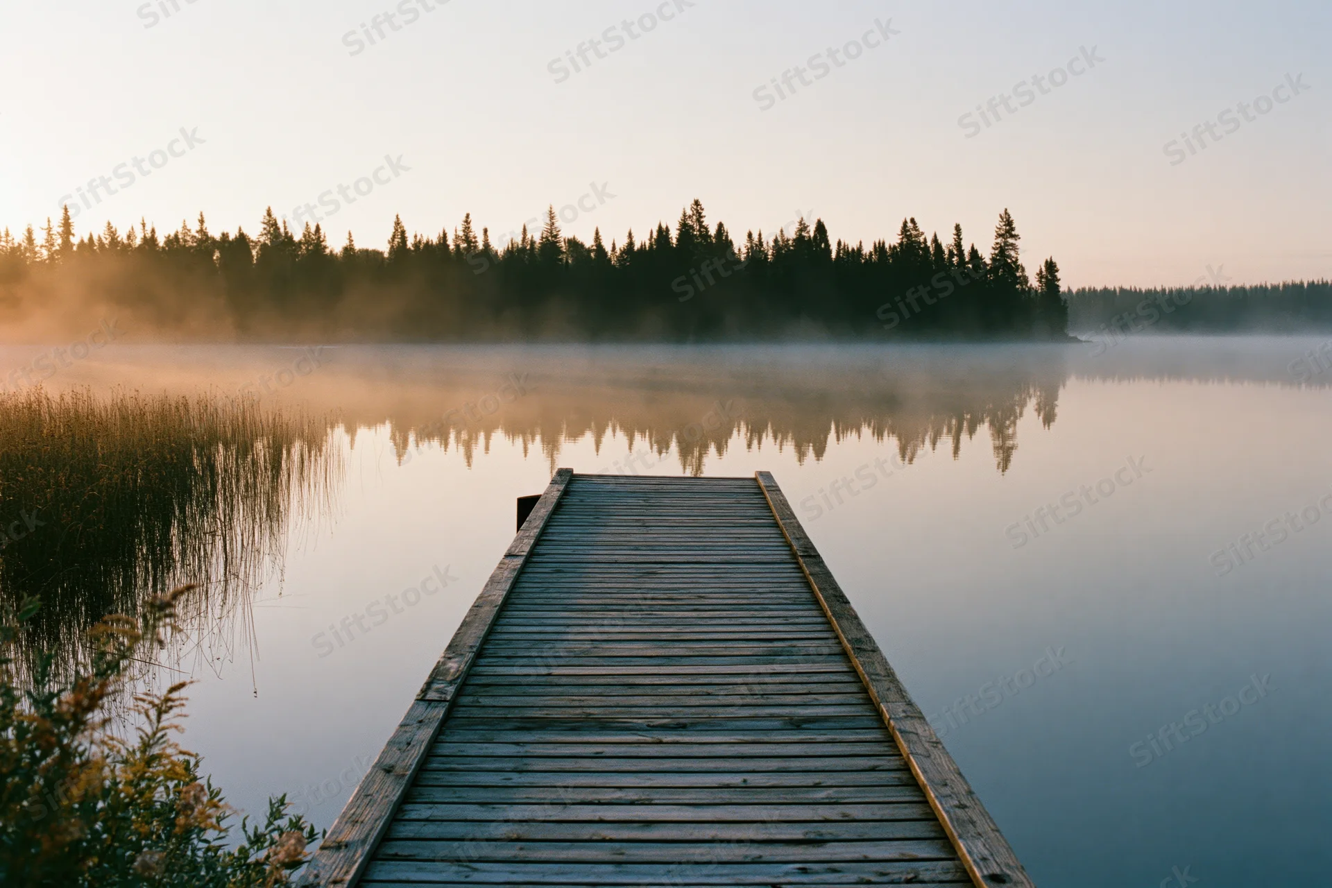 Weathered wooden dock extending over calm misty lake at sunrise with forest reflection