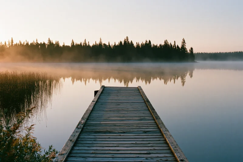 Weathered wooden dock extending over calm misty lake at sunrise with forest reflection
